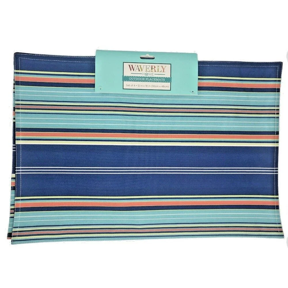Waverly Placemats Blue Striped Fabric Indoor Outdoor Beach Summer Set of 4